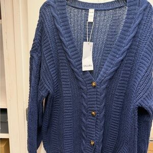 Exlura Navy Cable-Texture Button Front Cardigan